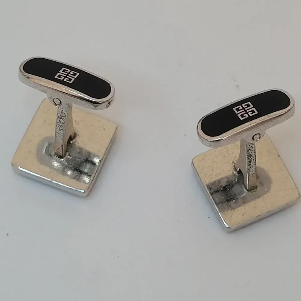 Givenchy Cufflinks Set Gold Silver Tone Black Onyx Square Logo Vintage Designer